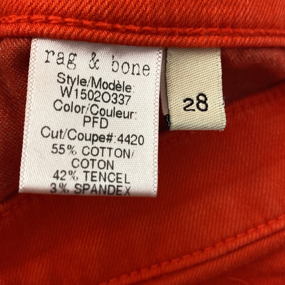 rag & bone skinny jean, 28 - red orange, silver grommet, made in USA - Picture 6 of 11